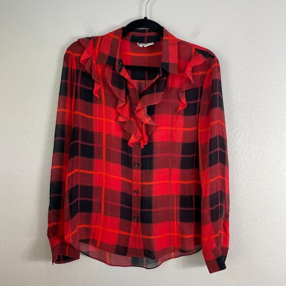 Kate Spade Womens 4 Ruffle Woodland Red Black Plaid Chiffon Blouse 100% Silk Top - Picture 10 of 12